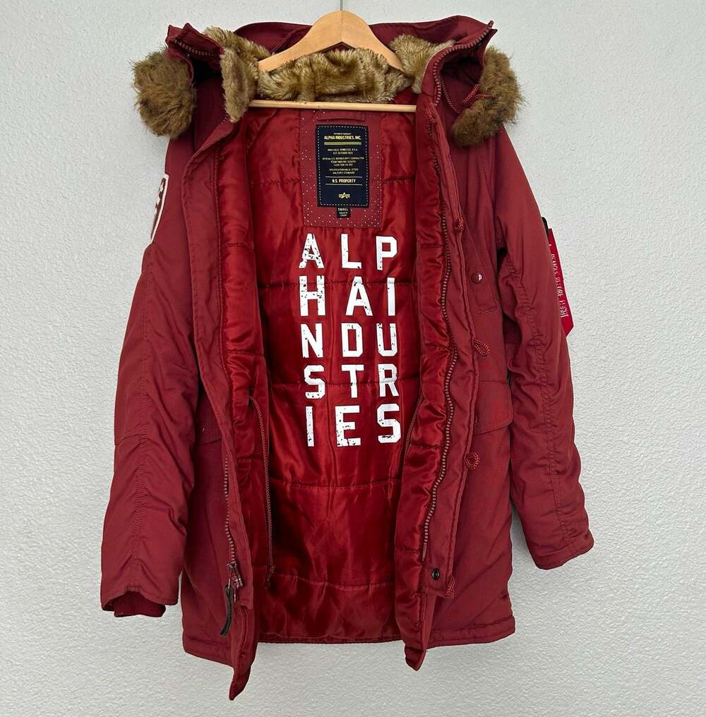 Alpha Industries Women’s Red Hooded Parka Coat Fur Trim Size S Military